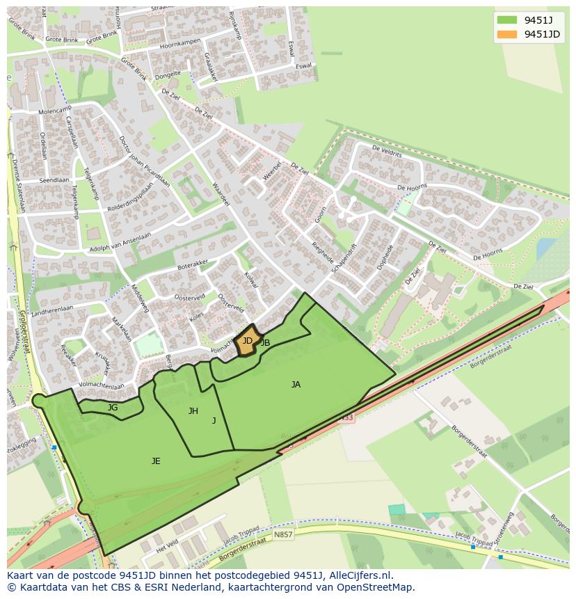 Afbeelding van het postcodegebied 9451 JD op de kaart.