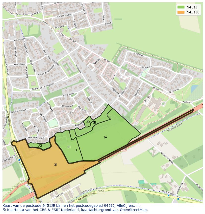 Afbeelding van het postcodegebied 9451 JE op de kaart.