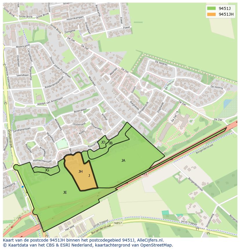 Afbeelding van het postcodegebied 9451 JH op de kaart.