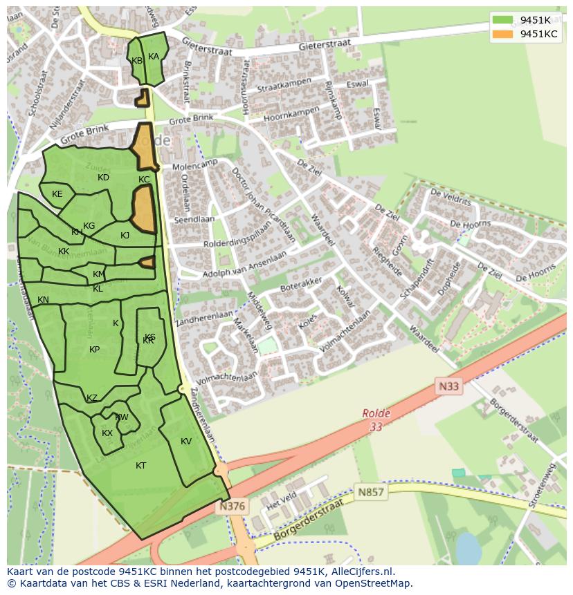 Afbeelding van het postcodegebied 9451 KC op de kaart.