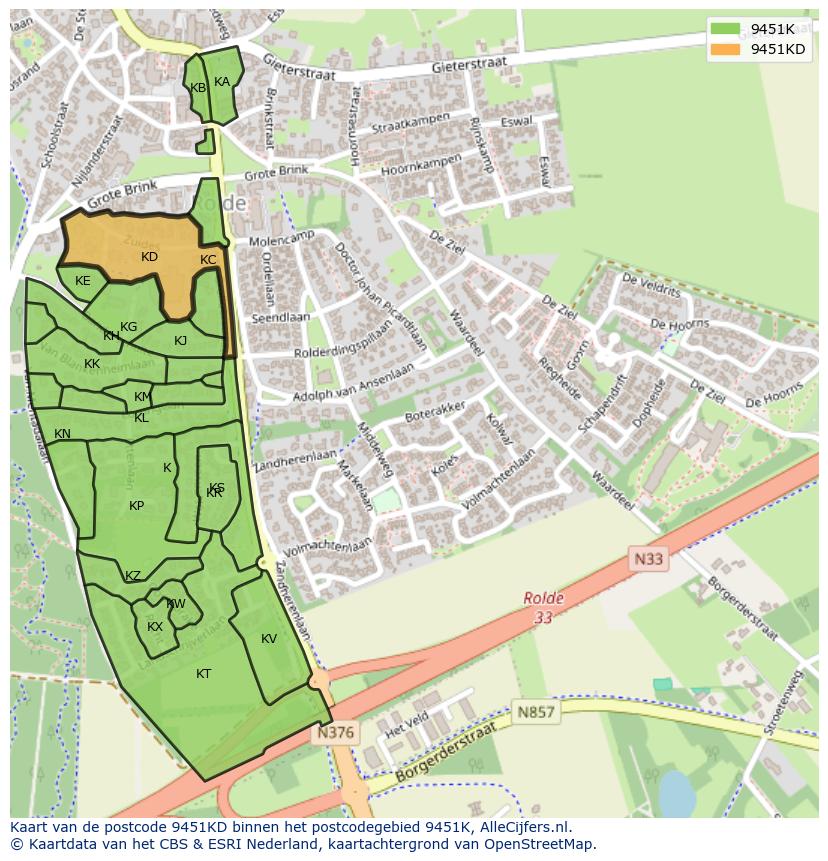 Afbeelding van het postcodegebied 9451 KD op de kaart.