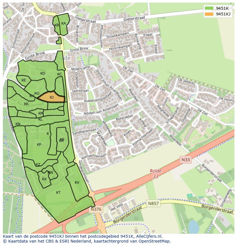 Afbeelding van het postcodegebied 9451 KJ op de kaart.