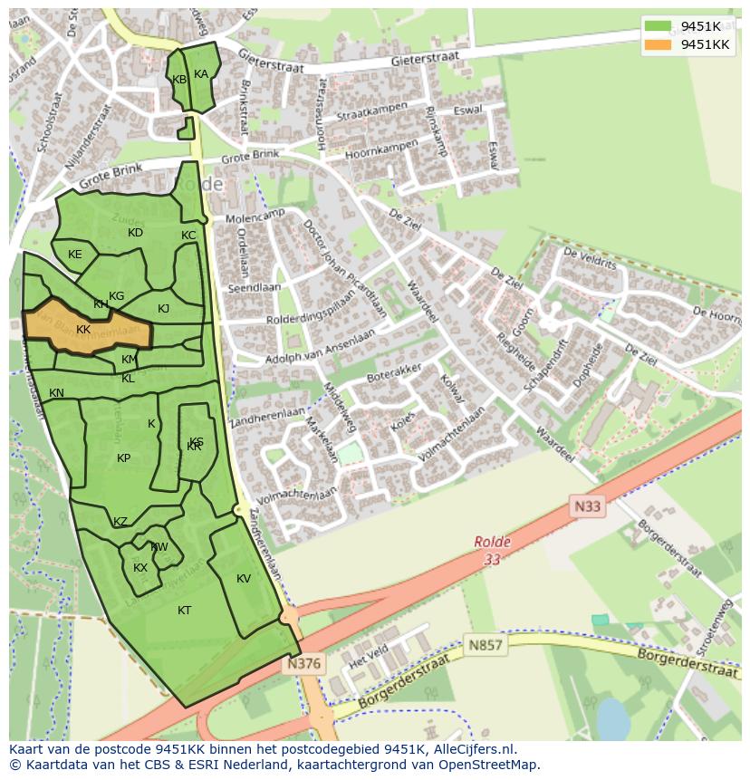 Afbeelding van het postcodegebied 9451 KK op de kaart.
