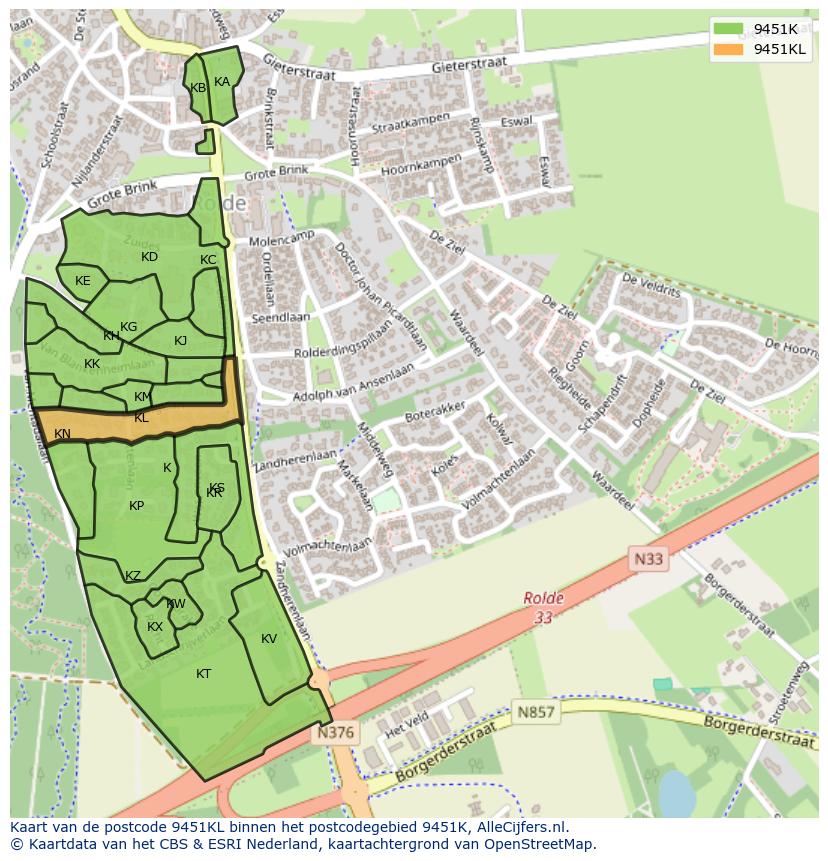 Afbeelding van het postcodegebied 9451 KL op de kaart.