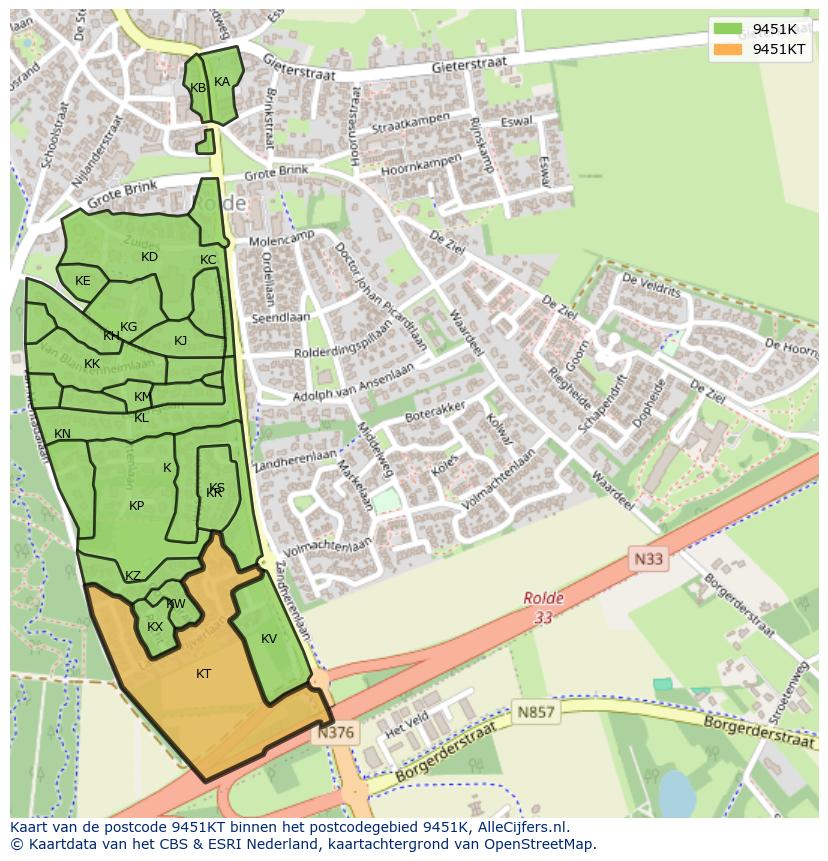 Afbeelding van het postcodegebied 9451 KT op de kaart.