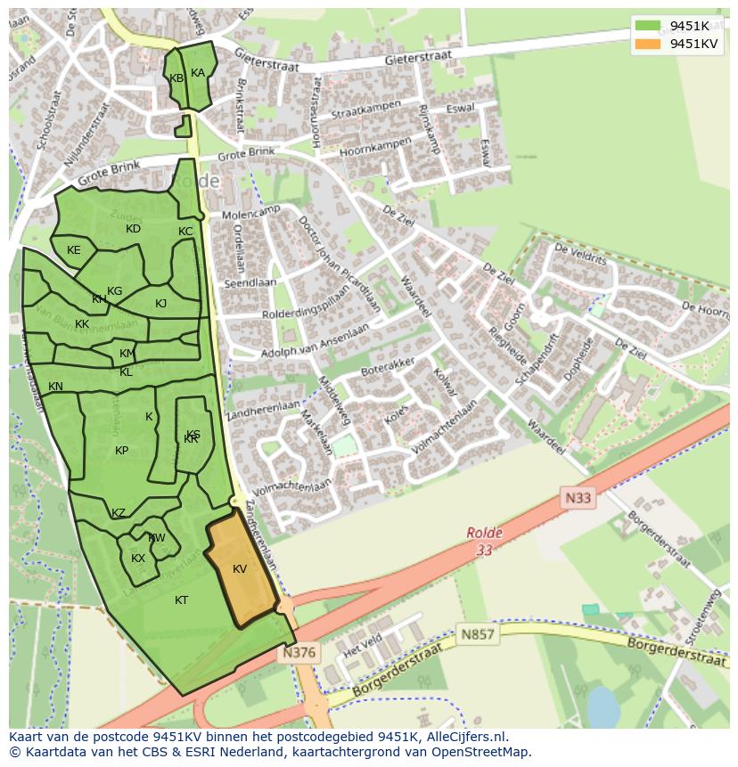 Afbeelding van het postcodegebied 9451 KV op de kaart.