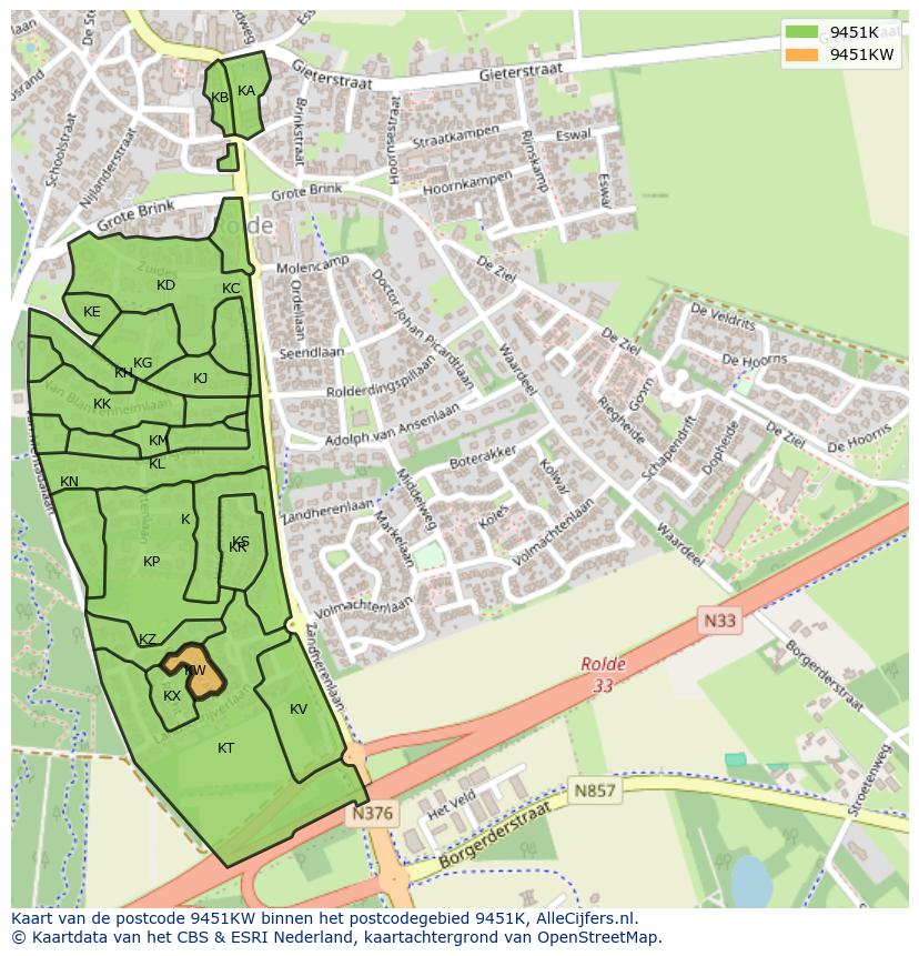 Afbeelding van het postcodegebied 9451 KW op de kaart.