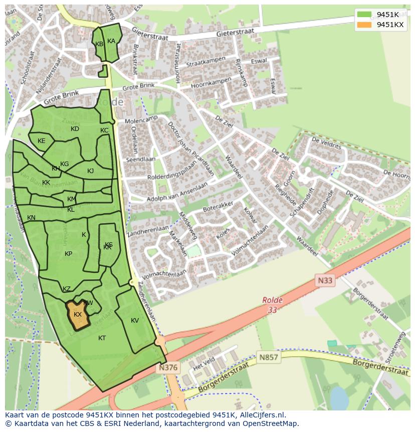 Afbeelding van het postcodegebied 9451 KX op de kaart.