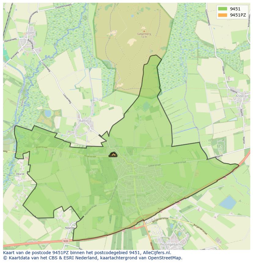 Afbeelding van het postcodegebied 9451 PZ op de kaart.