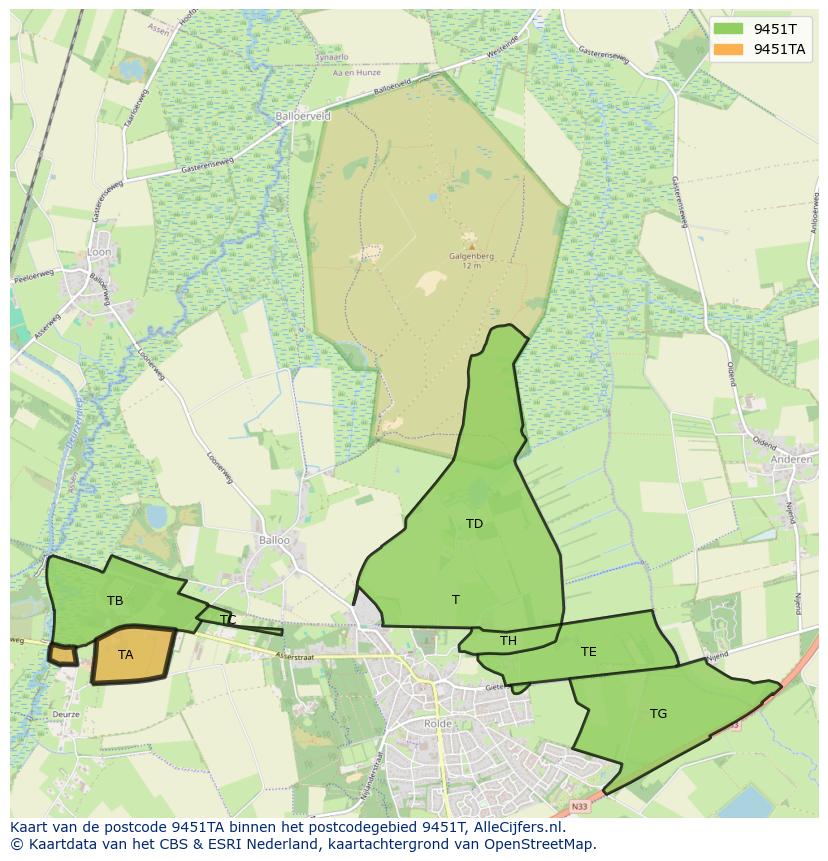 Afbeelding van het postcodegebied 9451 TA op de kaart.