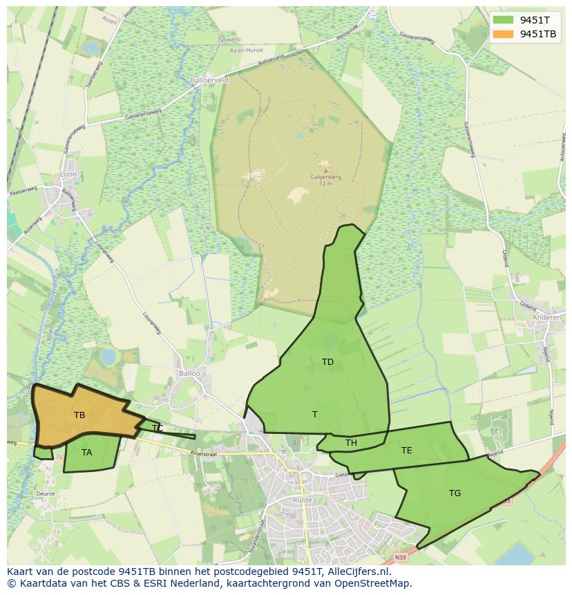 Afbeelding van het postcodegebied 9451 TB op de kaart.