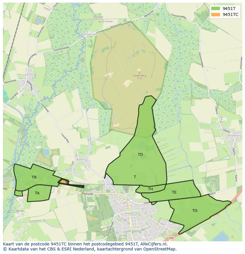 Afbeelding van het postcodegebied 9451 TC op de kaart.