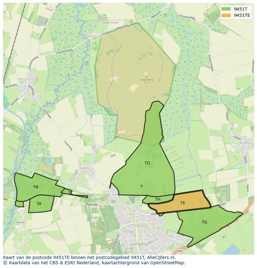 Afbeelding van het postcodegebied 9451 TE op de kaart.