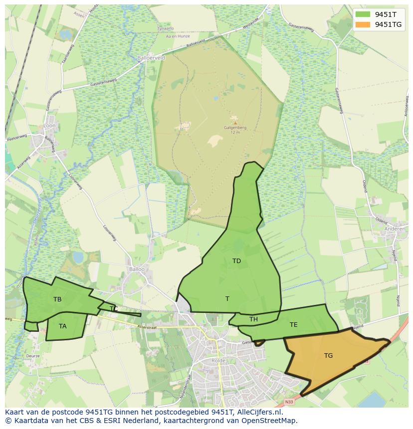Afbeelding van het postcodegebied 9451 TG op de kaart.