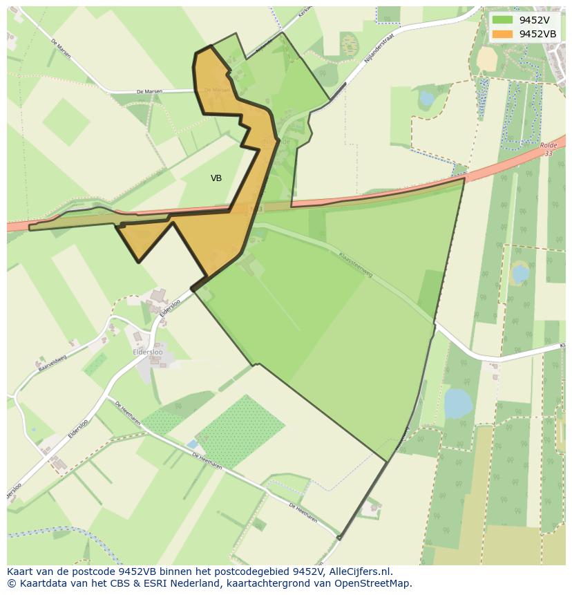 Afbeelding van het postcodegebied 9452 VB op de kaart.