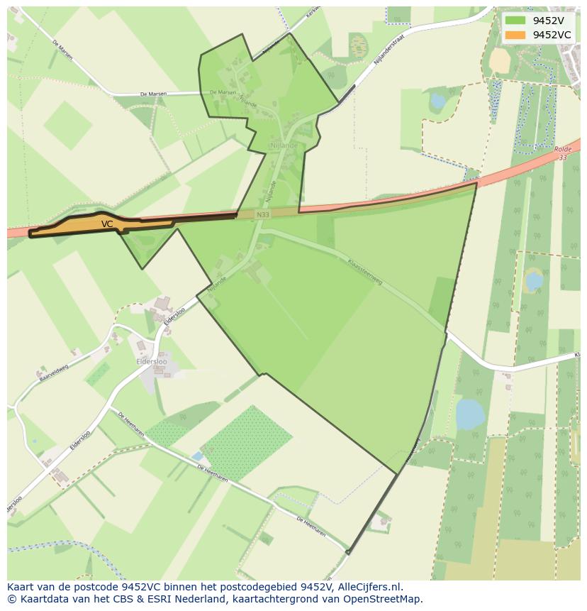 Afbeelding van het postcodegebied 9452 VC op de kaart.