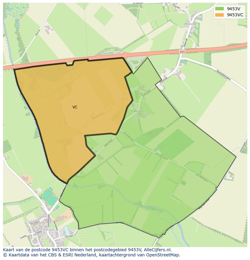 Afbeelding van het postcodegebied 9453 VC op de kaart.