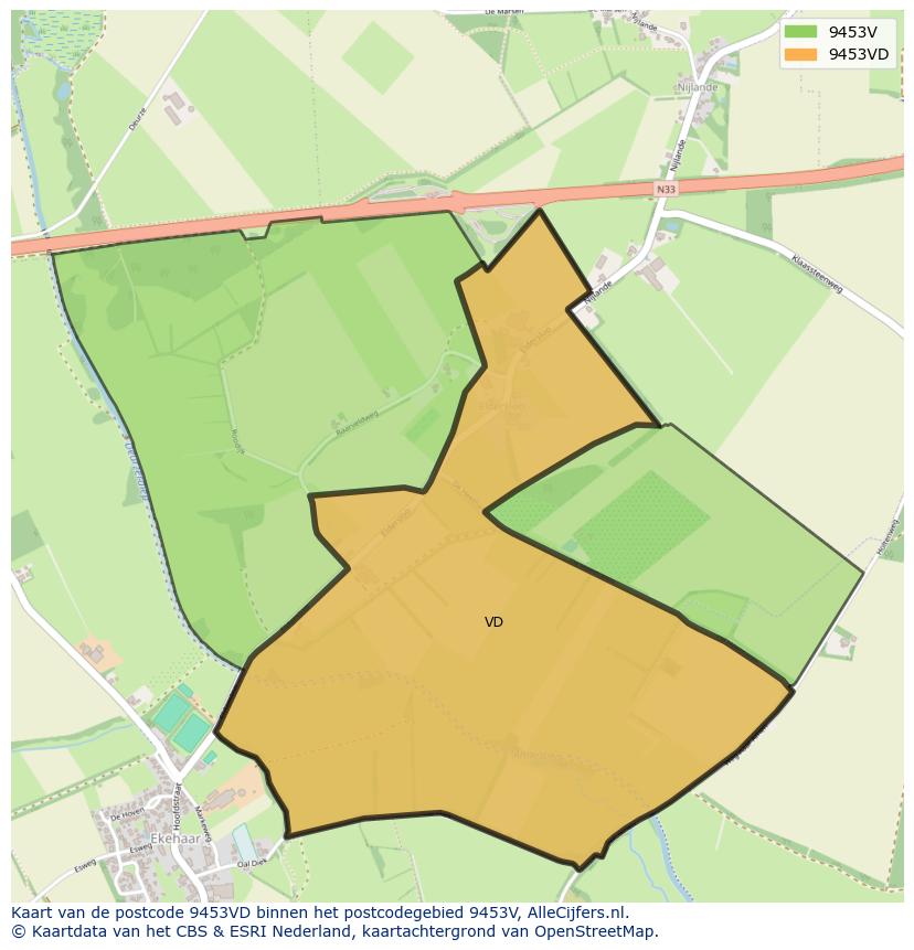 Afbeelding van het postcodegebied 9453 VD op de kaart.