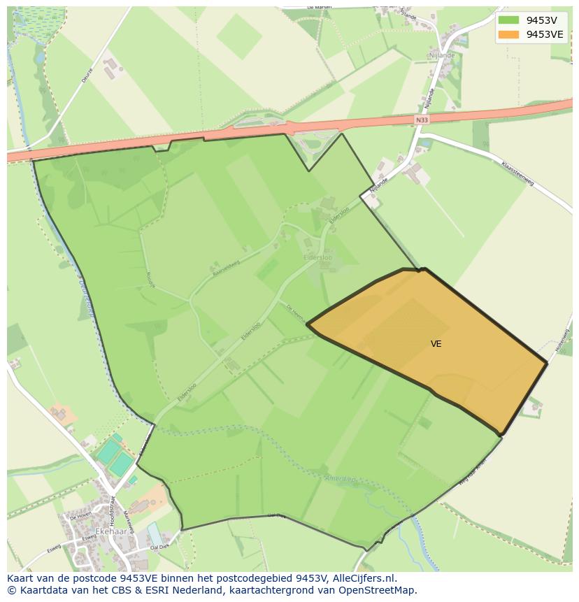 Afbeelding van het postcodegebied 9453 VE op de kaart.