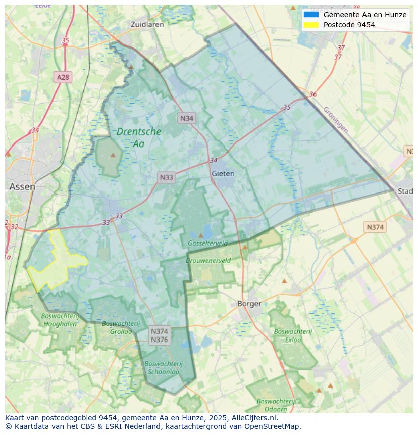 Afbeelding van het postcodegebied 9454 op de kaart.