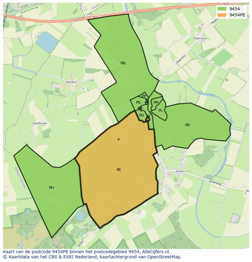 Afbeelding van het postcodegebied 9454 PE op de kaart.