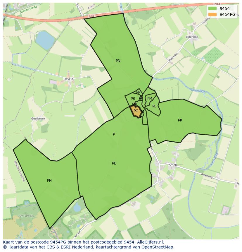 Afbeelding van het postcodegebied 9454 PG op de kaart.