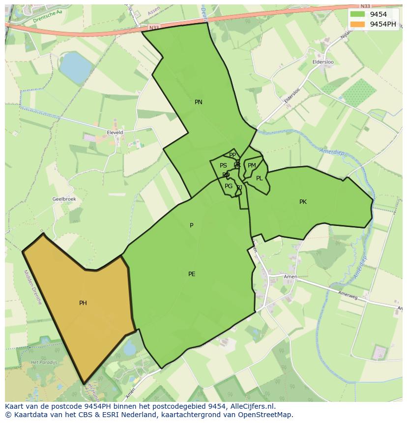 Afbeelding van het postcodegebied 9454 PH op de kaart.