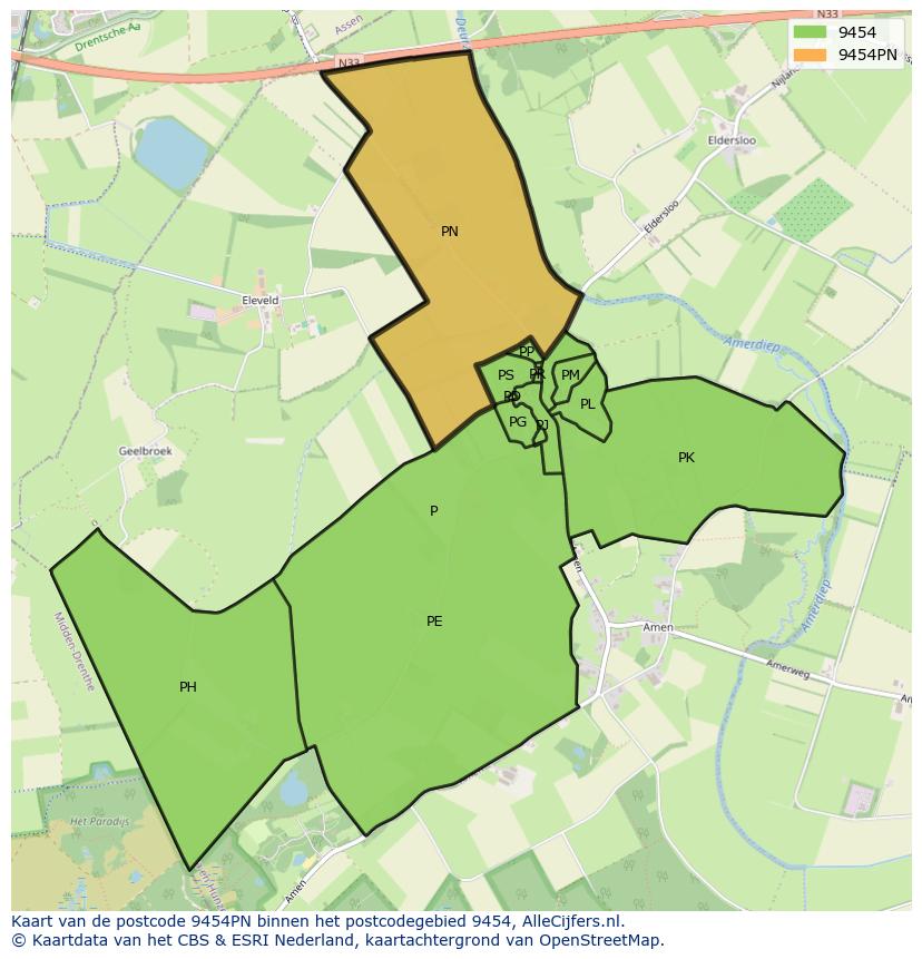 Afbeelding van het postcodegebied 9454 PN op de kaart.