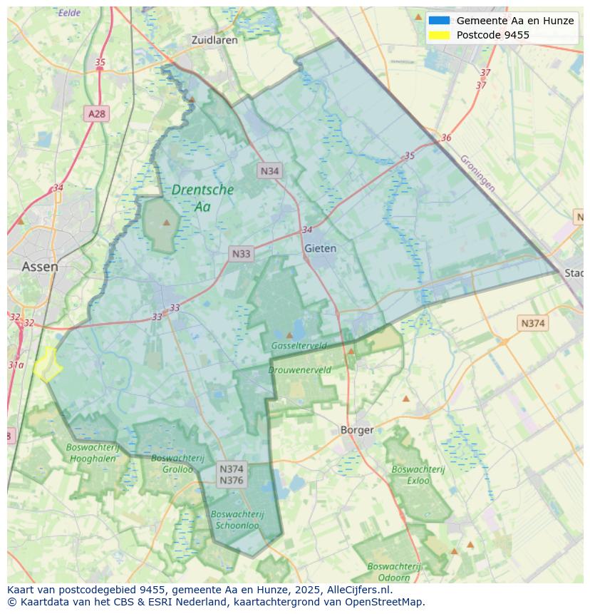 Afbeelding van het postcodegebied 9455 op de kaart.