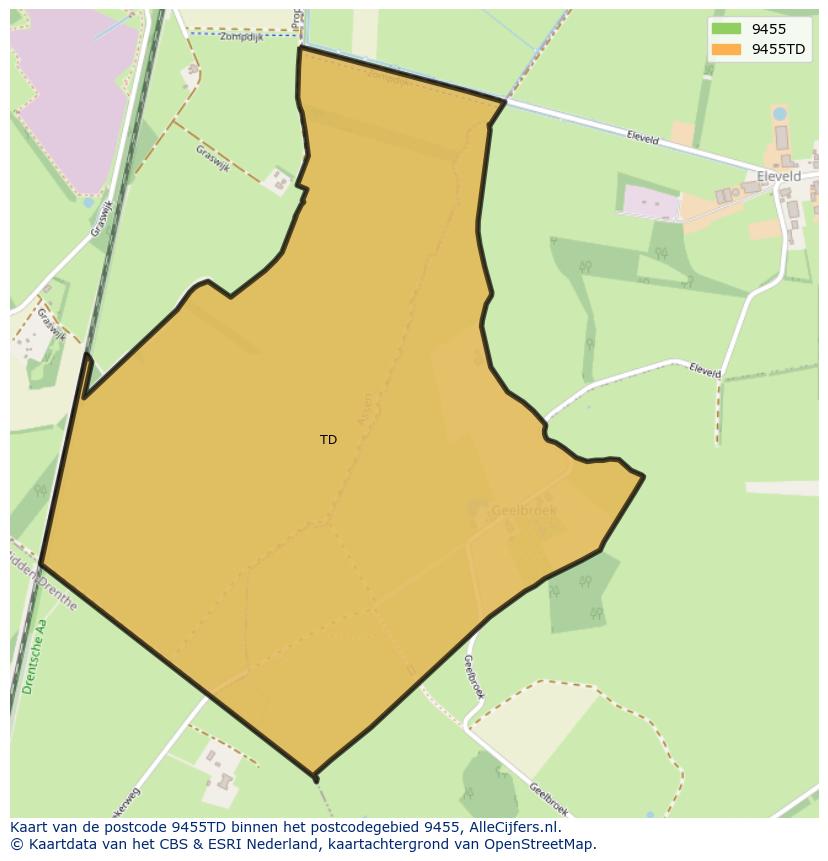 Afbeelding van het postcodegebied 9455 TD op de kaart.
