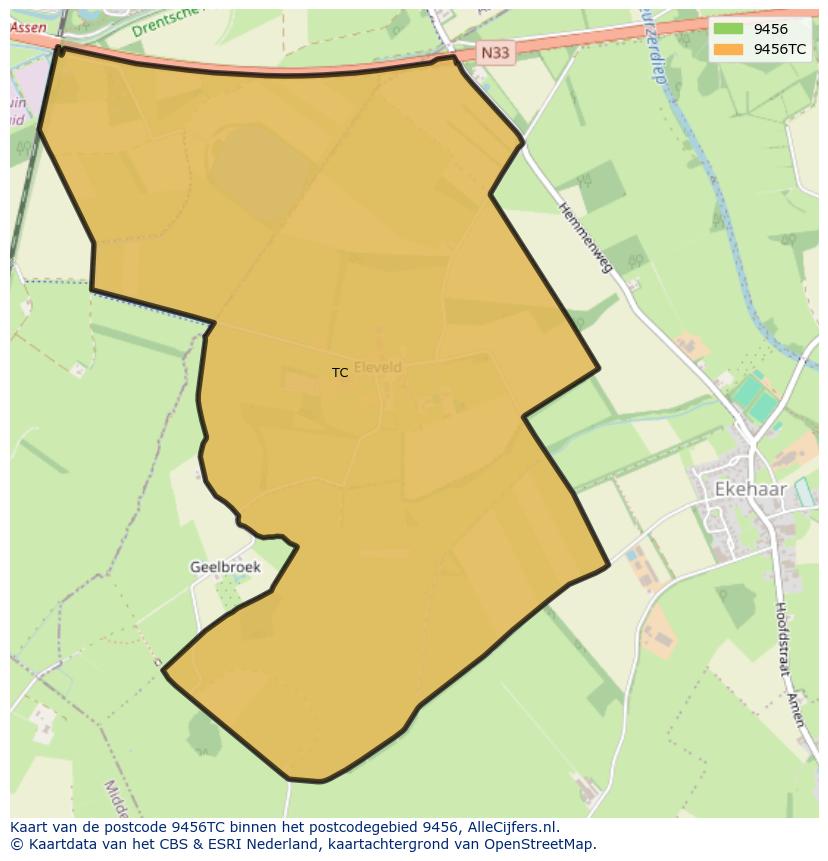 Afbeelding van het postcodegebied 9456 TC op de kaart.
