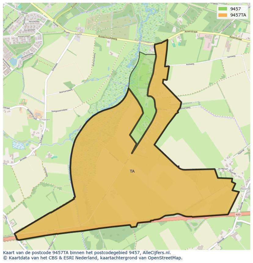 Afbeelding van het postcodegebied 9457 TA op de kaart.