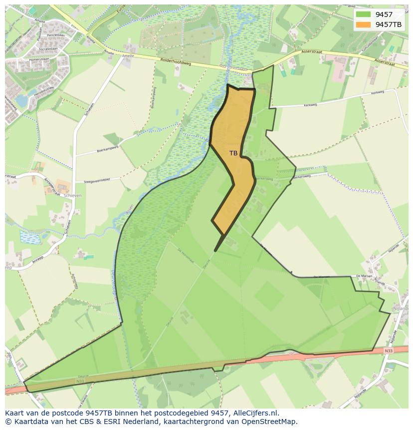 Afbeelding van het postcodegebied 9457 TB op de kaart.