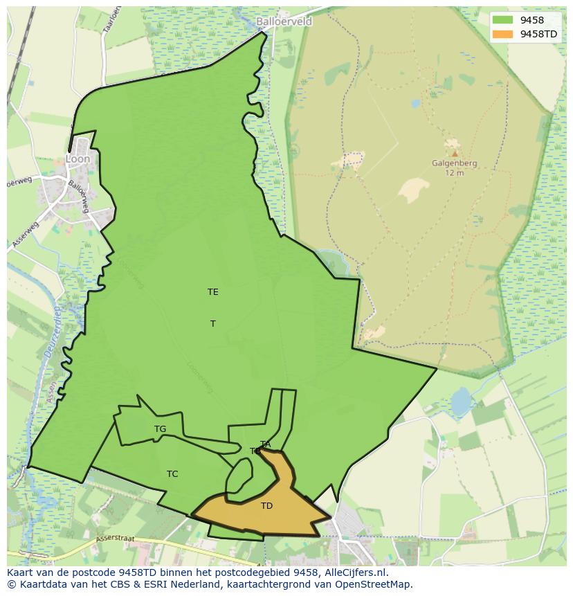 Afbeelding van het postcodegebied 9458 TD op de kaart.