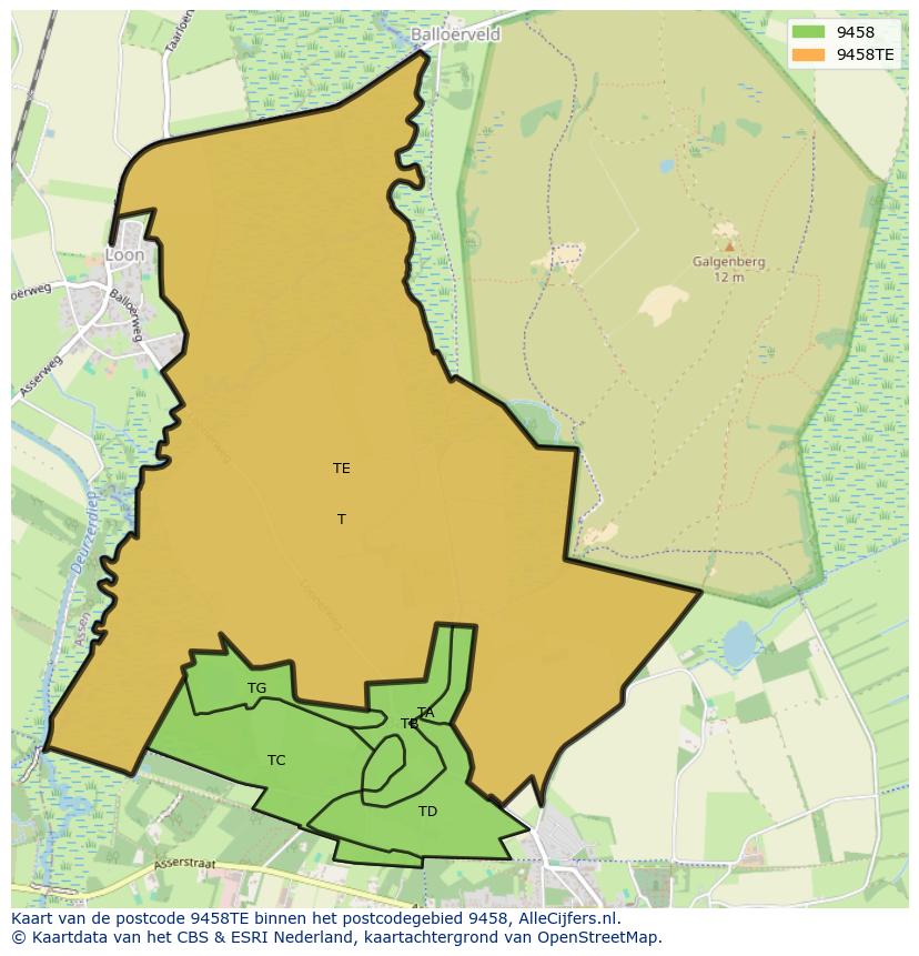 Afbeelding van het postcodegebied 9458 TE op de kaart.