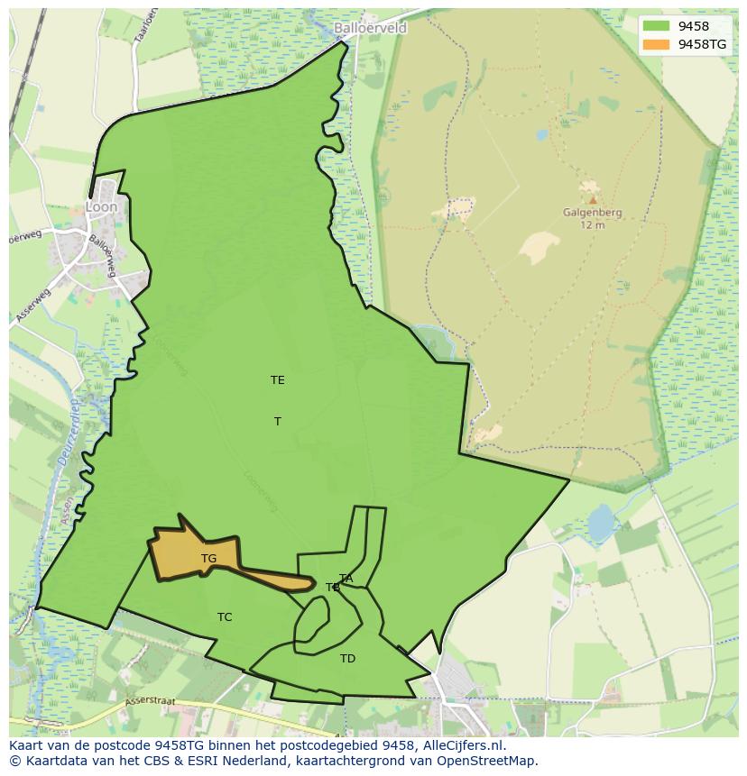Afbeelding van het postcodegebied 9458 TG op de kaart.