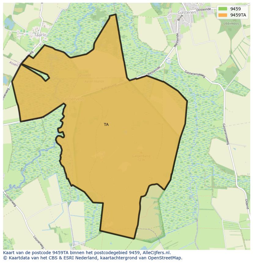 Afbeelding van het postcodegebied 9459 TA op de kaart.