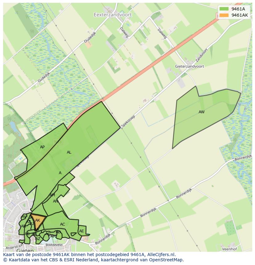 Afbeelding van het postcodegebied 9461 AK op de kaart.