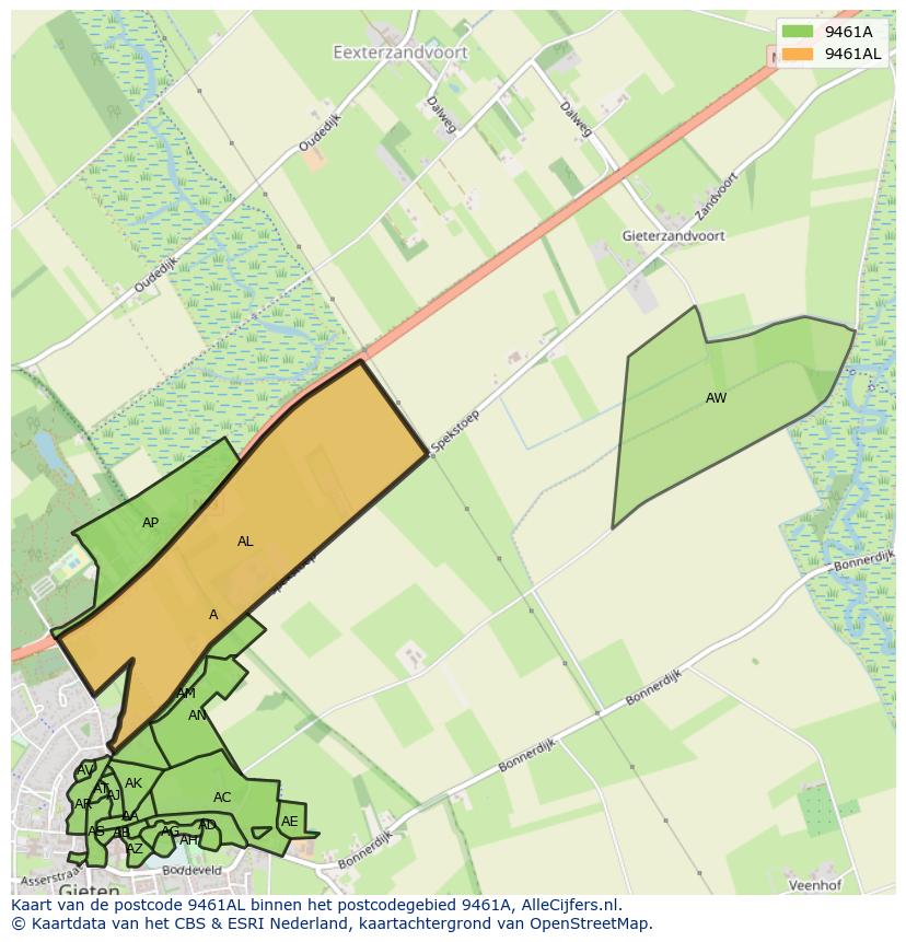 Afbeelding van het postcodegebied 9461 AL op de kaart.