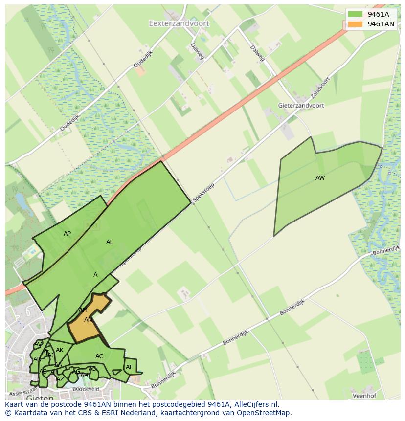 Afbeelding van het postcodegebied 9461 AN op de kaart.