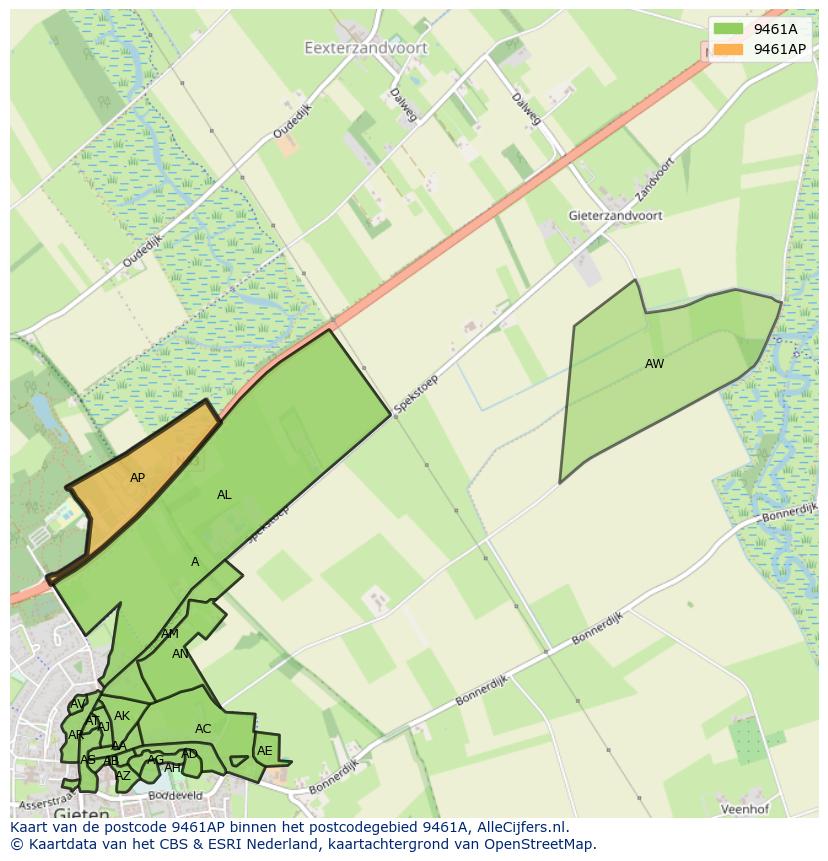 Afbeelding van het postcodegebied 9461 AP op de kaart.