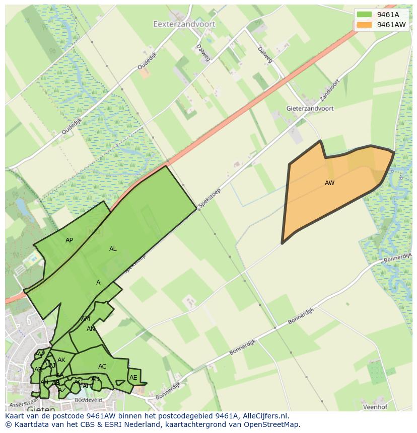 Afbeelding van het postcodegebied 9461 AW op de kaart.