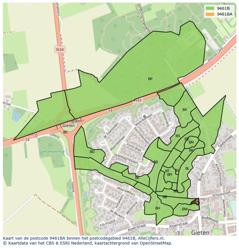 Afbeelding van het postcodegebied 9461 BA op de kaart.