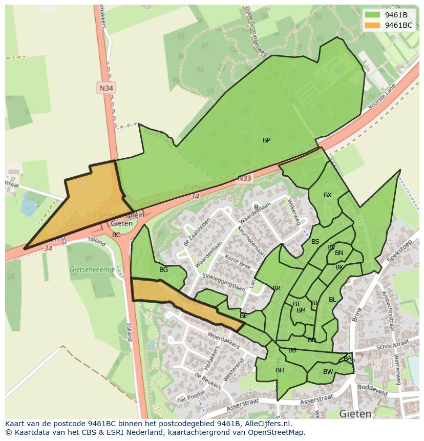 Afbeelding van het postcodegebied 9461 BC op de kaart.
