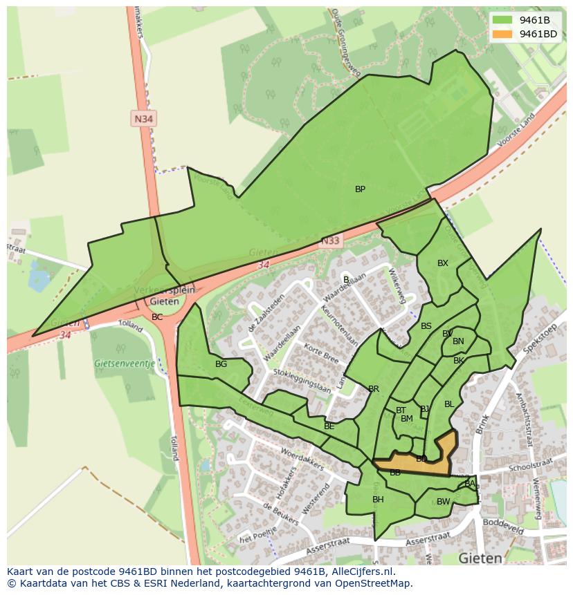 Afbeelding van het postcodegebied 9461 BD op de kaart.