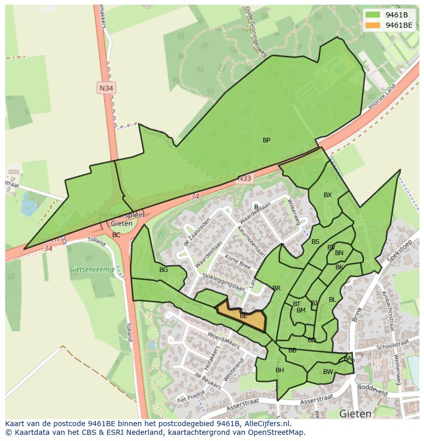 Afbeelding van het postcodegebied 9461 BE op de kaart.