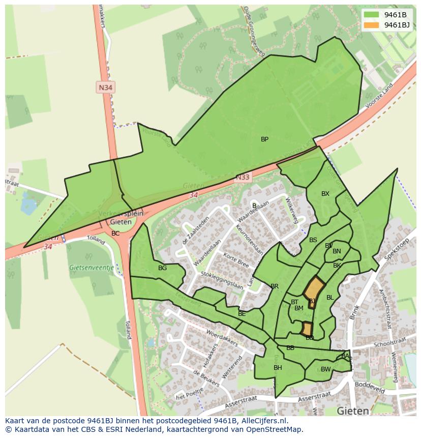 Afbeelding van het postcodegebied 9461 BJ op de kaart.