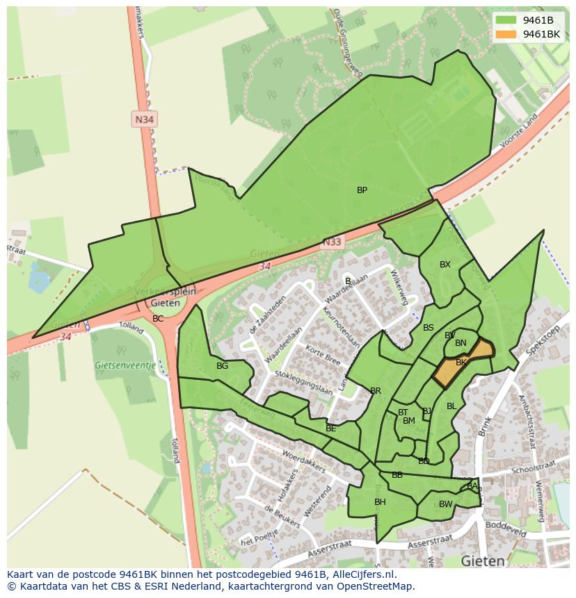 Afbeelding van het postcodegebied 9461 BK op de kaart.