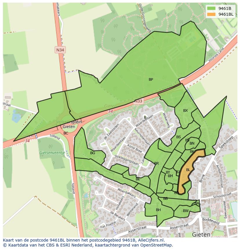 Afbeelding van het postcodegebied 9461 BL op de kaart.