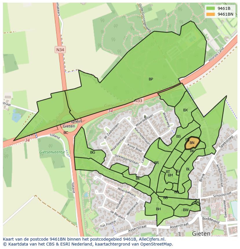 Afbeelding van het postcodegebied 9461 BN op de kaart.
